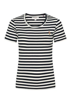 Triibuline soonikkoes T-särk mereväe ja valge värvitoonis, ümmarguse kaelaaugu ja lühikeste varrukatega. Rinnal silmatorkava tikitud logoga.