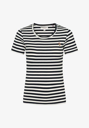 Triibuline soonikkoes T-särk mereväe ja valge värvitoonis, ümmarguse kaelaaugu ja lühikeste varrukatega. Rinnal silmatorkava tikitud logoga.