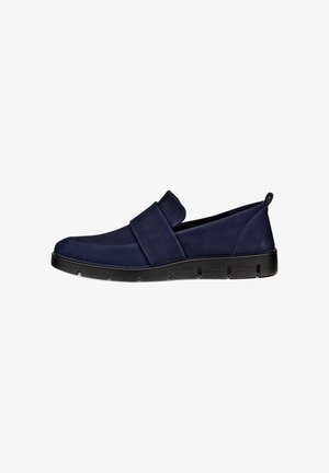 Navyblauwe suède instapschoenen met een gestructureerd ontwerp, voorzien van een brede band over de wreef en een zwarte synthetische zool.