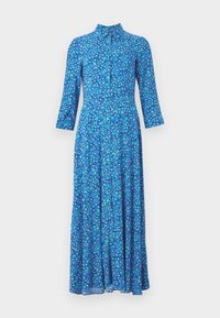 Blaue Blumen-maxikleid mit einem Knopfdesign, das einen Kragen und Dreiviertelärmel hat, sowie einem fließenden, leichten Stoff.