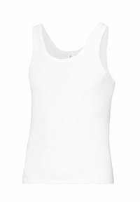 Plain white sleeveless tank top with a scoop neckline, displayed against a white background.