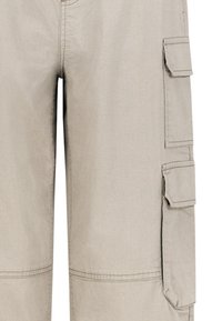 Beige Cargo-Shorts mit mehreren Seitentaschen, einer glatten Textur und verstärkten Nähten entlang der Nähte. Klassisches Design und funktional.