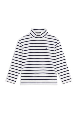 Witte coltrui met lange mouwen, zwarte horizontale strepen en een klein marineblauw zeilbootlogo op de linkerborst.