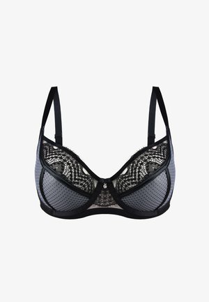 Czarny biustonosz z koronką, z szarymi panelami z siateczki, głębokim dekoltem i dekoracyjnym akcentem pośrodku. Regulowane ramiączka zapewniają dopasowanie do indywidualnych potrzeb.