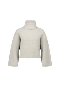 Hellgrauer Rollkragenpullover mit einem cropped Design, weiten Ärmeln und gerippter Struktur. Hergestellt aus einem gestrickten Stoff für Wärme.
