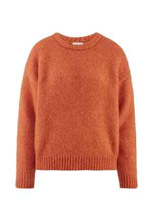 Gestickter orangefarbener Pullover mit Rundhalsausschnitt, überschnittenen Schultern und geripptem Saum. Weiche Textur, mit einem leicht lockeren Schnitt.