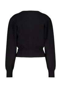 Schwarzer, kurzer Pullover mit langen Ärmeln, rundem Ausschnitt und gerippten Details an den Bündchen und am Saum. Glatte Textur.