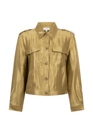 Glänzende, goldene Button-Down-Jacke mit langen Ärmeln, Brustklappen-Taschen und Schulterepauletten, aus glattem, reflektierendem Stoff.