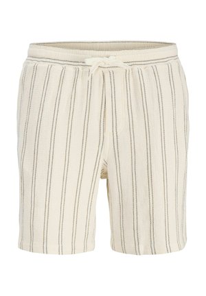 Krém színű kötött rövidnadrág vékony függőleges barna csíkokkal és elülső húzózsinóros derékpánttal.