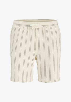 Kremowe dzianinowe szorty z cienkimi pionowymi brązowymi paskami i przednim ściągaczem w pasie.