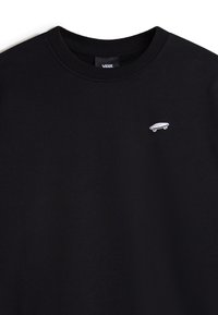 Sort sweatshirt med ribbet rund halsudskæring, med et lille hvidt skateboardgrafik på venstre bryst. Glat tekstur, afslappet design.