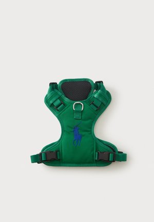 Arnés acolchado verde para perro con hebillas negras y logo de jugador de polo azul sobre un fondo blanco liso.