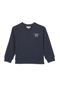 Marineblauer Rundhals-Sweatshirt aus Baumwollmischung, mit gerippten Bündchen und Saum, und einem kleinen weißen Logo auf der oberen linken Vorderseite.