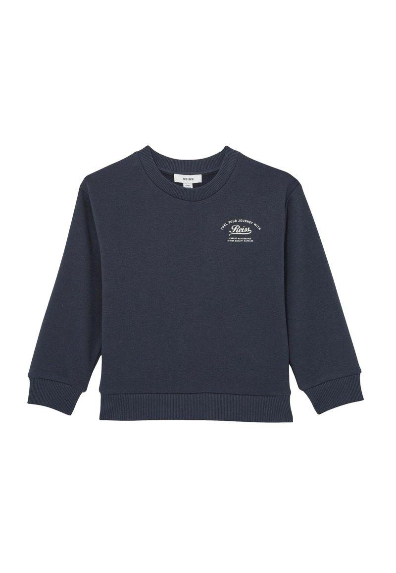 Marineblauer Rundhals-Sweatshirt aus Baumwollmischung, mit gerippten Bündchen und Saum, und einem kleinen weißen Logo auf der oberen linken Vorderseite.