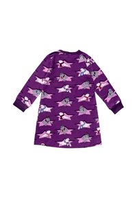 Abito lungo a maniche lunghe di colore viola con un motivo di animali giocosi in mantelli su uno sfondo rosa a stelle. Realizzato in un tessuto morbido e elasticizzato.