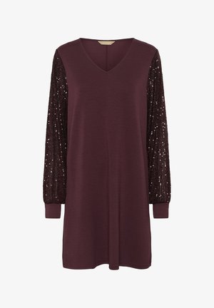 Maroon long-sleeve dress with a V-neck, featuring textured sequined sleeves and ribbed cuffs, made from a soft cotton blend fabric.