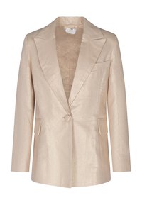 Blazer beige con una texture simile alla seta, rever a punta, chiusura con un solo bottone e due tasche frontali dal design minimalista.