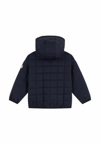 Giacca imbottita blu navy con cappuccio, caratterizzata da un design trapuntato, polsini elasticizzati e un accento con logo sulla manica sinistra.