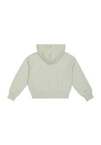 Sudadera corta de color verde claro con una textura suave, que presenta una capucha, mangas largas y puños y dobladillo acanalados. Sin patrones ni acentos visibles.