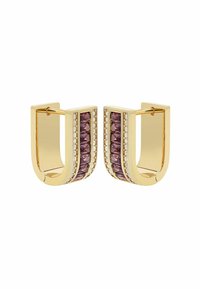 Guldörhängen med en central rad av lila stenar, omgiven av små klara ädelstenar, med en glänsande slät yta.