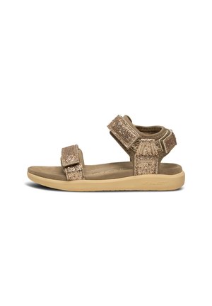 Bruna sandaler med glittriga guldremmar, justerbara kardborrefästen, mjuk fotbädd och en ljusbeige gummisula.