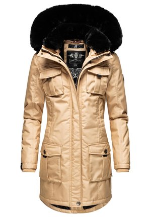 Beige parka met een zwarte bontvoering bij de capuchon, vier voorzakken, ritssluiting en een gewatteerd design. Soepele textuur en getailleerde vorm.