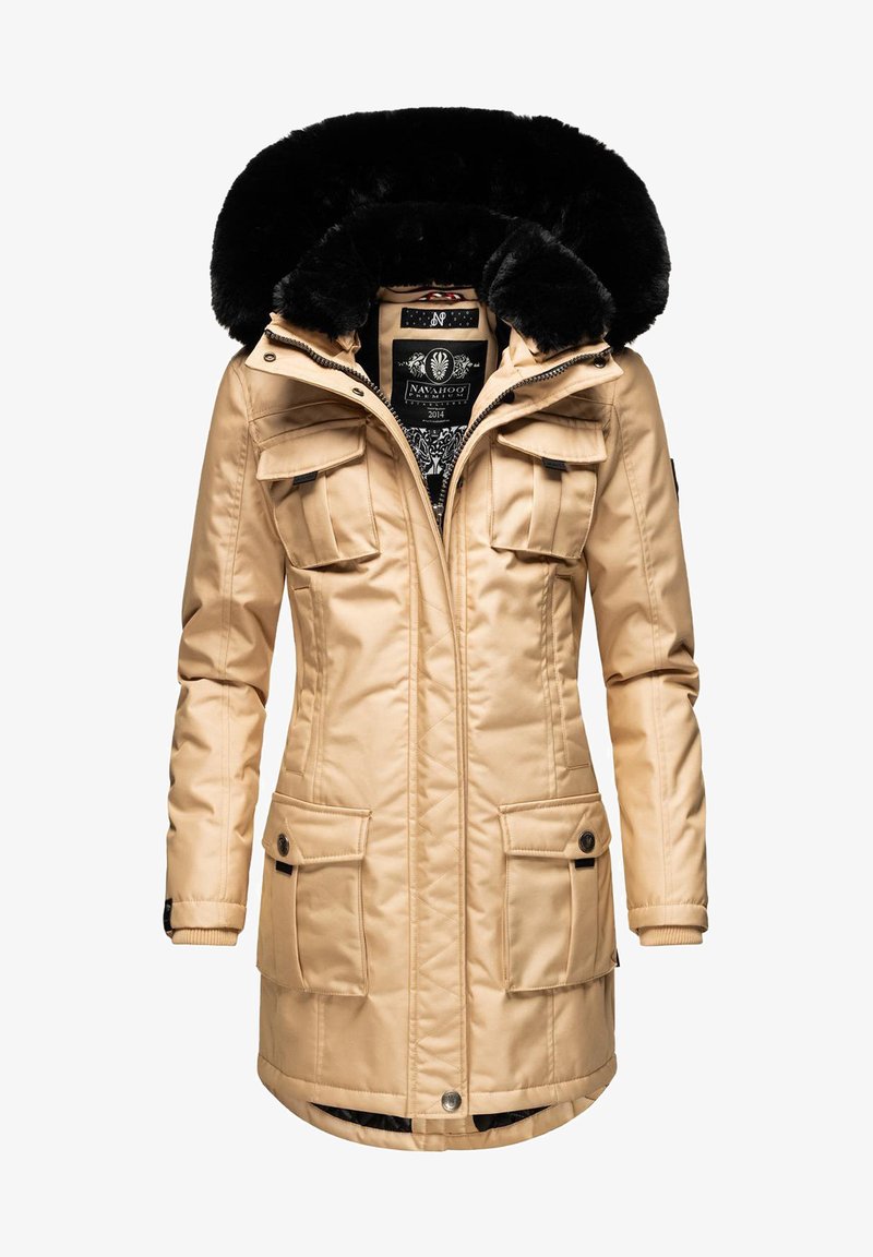 Beige parka jacket with a black fur-lined hood, four front pockets, zip closure, and a quilted design. Smooth texture and tailored shape.