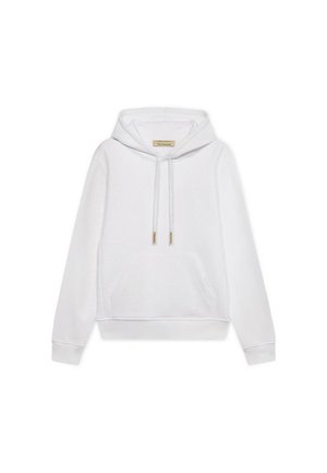 Valkoinen pitkähihaisen hupullisen paidan etutasku, kiristysnyörit ja pieni kohokuvioitu logo vasemmassa rinnassa.