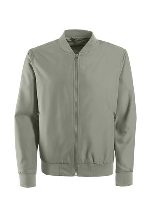 Green bomber jacket with a zip front, ribbed collar and cuffs, and two side pockets, made from smooth fabric with no visible patterns.