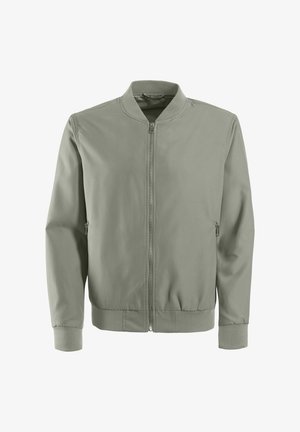 Green bomber jacket with a zip front, ribbed collar and cuffs, and two side pockets, made from smooth fabric with no visible patterns.
