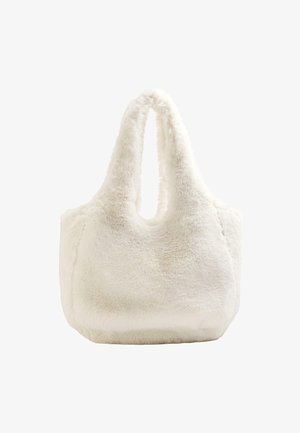 Borsa in pelliccia sintetica bianca con una texture morbida, forma arrotondata e manici integrati per il trasporto.