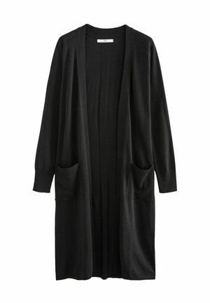 Mustra mustkas kardigan avatud esiosaga, pikad varrukad ja kaks esimest taskut. Omab ribaga mansetid ja tekstuuriga vertikaalset triibumustrit ees.