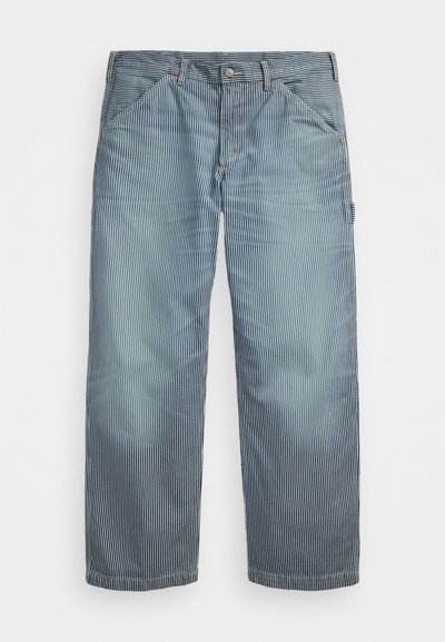 Light blue striped trousers with a relaxed fit. Features front pockets, a button closure, and a smooth cotton-like texture.