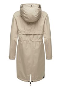 Light beige raincoat with a hood, cinched waist, and long sleeves. Features snap buttons and a drawstring at the hem for adjustability.