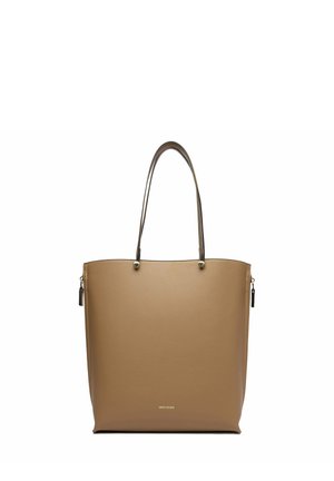 Borsa tote in pelle marrone con doppi manici a spalla, fianchi con cerniera e piccolo logo del marchio al centro frontale.