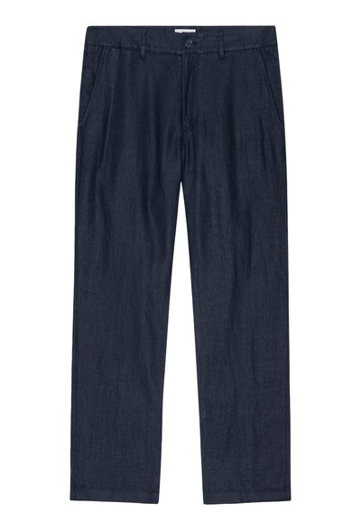 Pantaloni blu scuri, morbidi, realizzati in un tessuto testurizzato con chiusura a bottone e tasche laterali; design a gamba dritta con una finitura morbida.