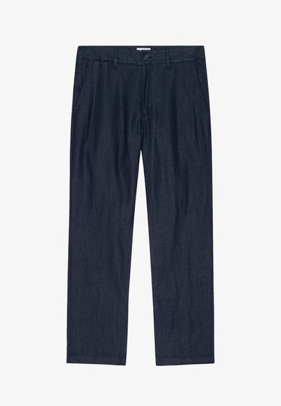 Pantaloni blu scuri, morbidi, realizzati in un tessuto testurizzato con chiusura a bottone e tasche laterali; design a gamba dritta con una finitura morbida.