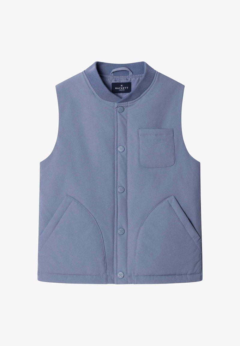 Gilet azzurro chiaro senza maniche con collo rotondo, chiusura frontale con bottoni, due grandi tasche laterali e una piccola tasca sul petto. Tessuto dalla texture morbida.
