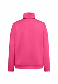 Pullover in pile di colore rosa brillante, con collo alto, maniche lunghe e orlo e polsini a costine. Tessuto morbido, senza motivi visibili o parti metalliche.