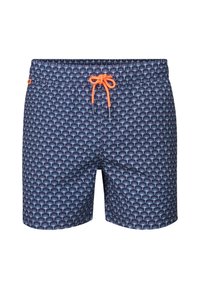 Námořnické plavky s bílým a červeným vzorem mušlí. Mají elastický pás a oranžovou šňůrku pro nastavení.