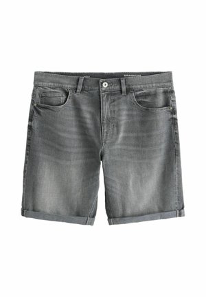 Pantalones cortos de mezclilla gris de corte recto con bolsillos frontales y para monedas, dobladillos doblados y cierre de botón.