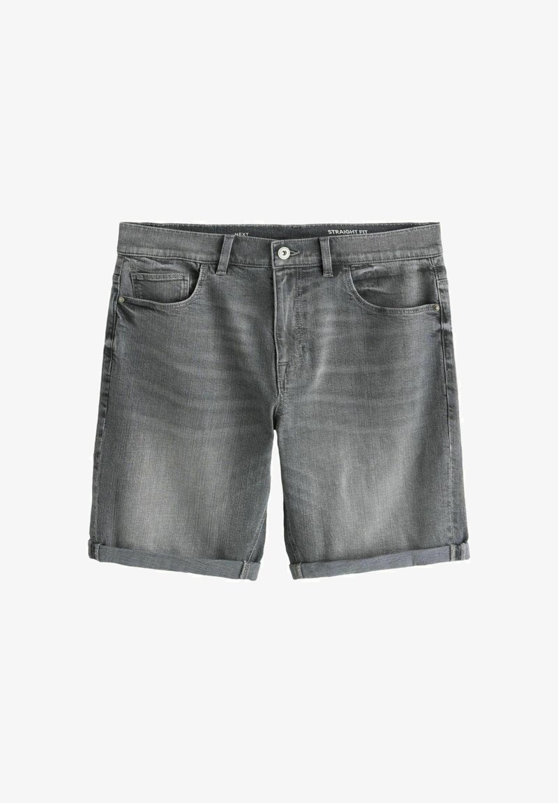 Graue Denim-Shorts in gerader Passform mit vorderen und Münztaschen, umgeschlagenen Säumen und Knopfverschluss.