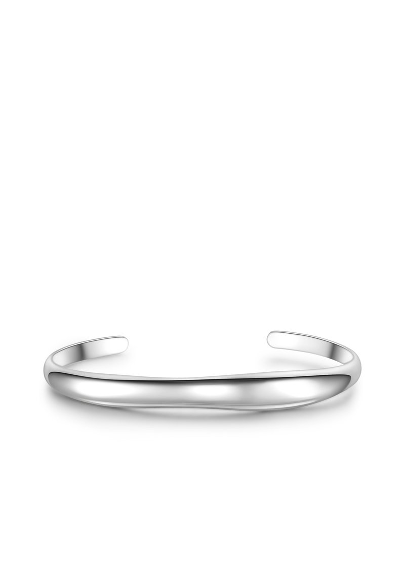 Bracciale in argento con una finitura liscia e lucida e estremità aperte. Design semplice e arrotondato con una leggera curvatura.