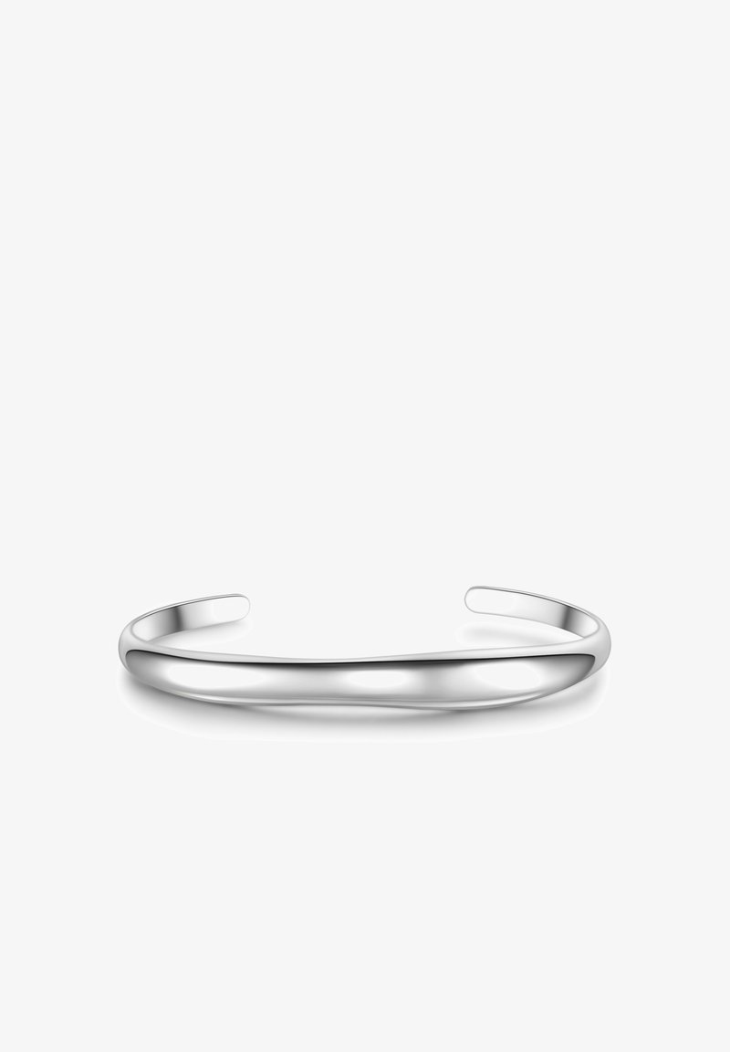 Sidabrinė apyrankė su lygiu, poliruotu paviršiumi ir atvirais galais. Paprastas, suapvalintas dizainas su lengvu išlinkimu visame ilgyje.