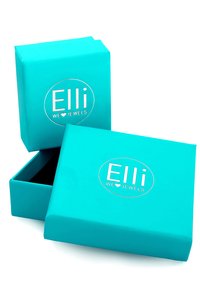 Turkis smykkeboks, glat overflade, firkantet form. Har et sølv logo "Elli WE ♥ JEWELS" på fronten. Aftageligt låg, åbnet position.