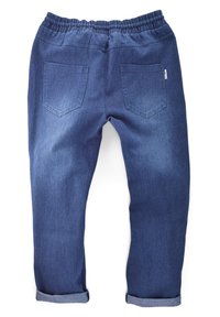 Blue denim jogger pants with elastic waistband, back patch pockets, and rolled cuffs shown from the back on a white background.