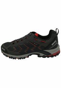 Black and gray hiking shoe with red accents, mesh upper, textured surface, rugged sole, and reflective elements. Lightweight design.