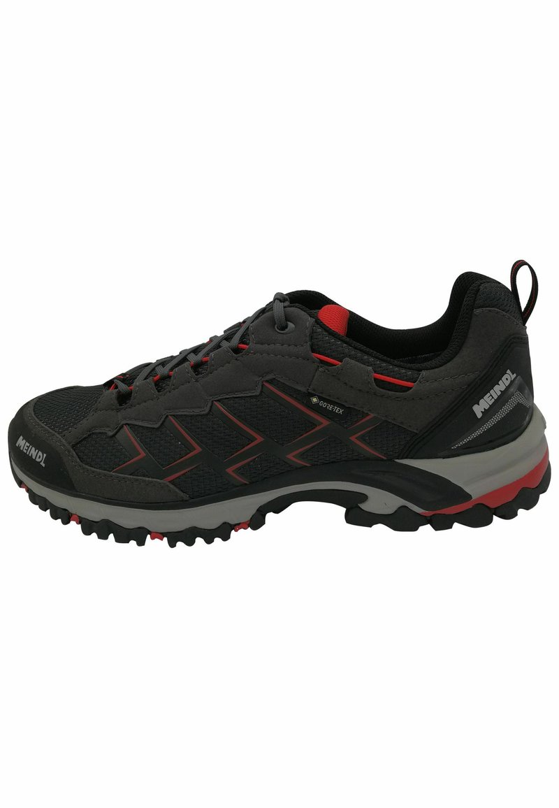 Black and gray hiking shoe with red accents, mesh upper, textured surface, rugged sole, and reflective elements. Lightweight design.