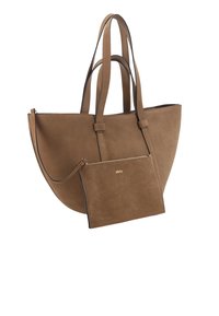 Brown suede tote bag with shorter, thin handles and a detachable matching pouch. Features a smooth texture and subtle gold logo detail.