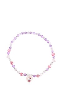 Collana di perline colorate con perline rosa, viola e bianche, dotata di un ciondolo a forma di cuore che presenta un grafico di Hello Kitty in colori pastello.